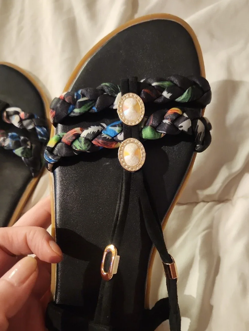 Black Braided Gem-Accent Women's Sandals